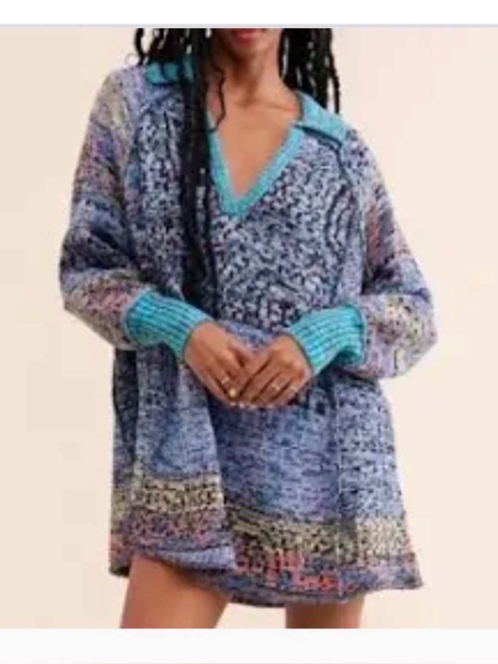 Free People Seasons of the Sun Sweater Dress Blue Multicolor L boho